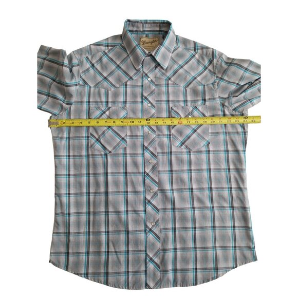 Men's Wrangler Western Fashion Pearl Snap Shirt Turquoise Plaid Short Sleeve - Picture 7 of 10